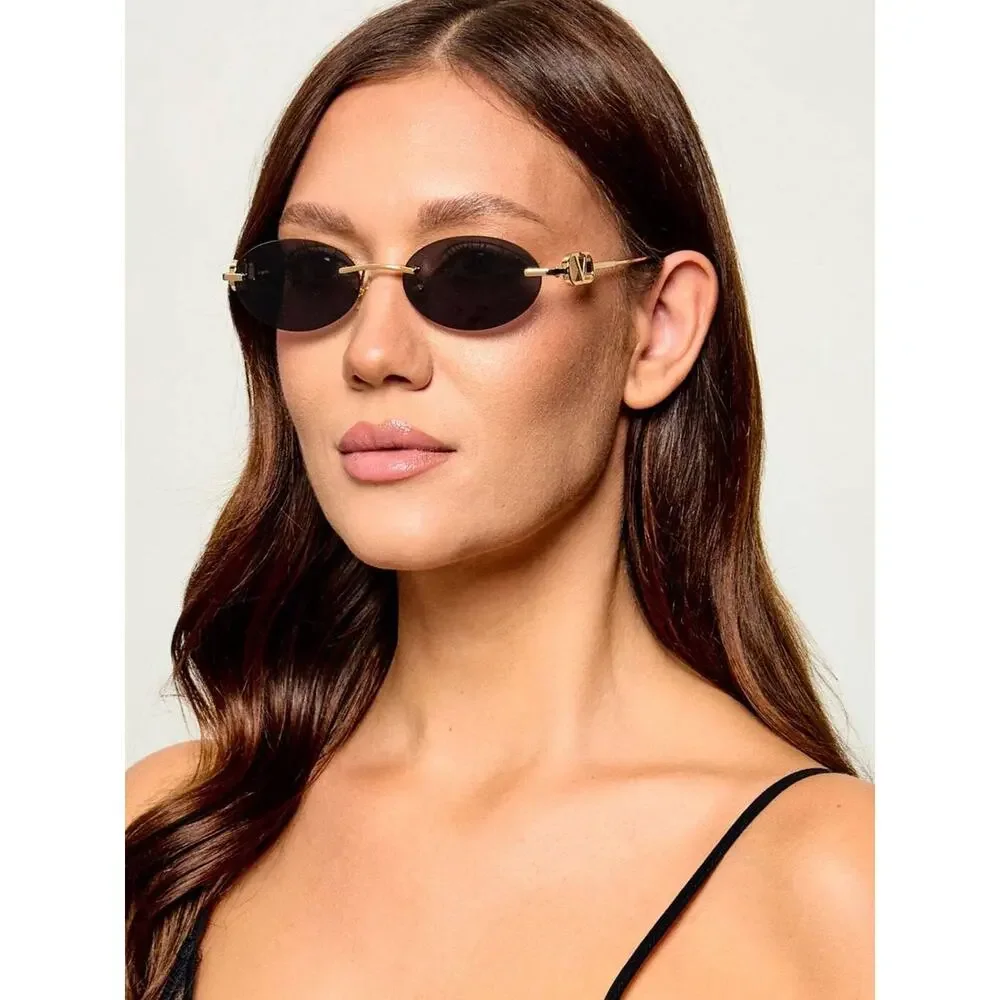 New Valentino VG0032S 002 Gold Oval Sunglasses Brown Lenses Authentic